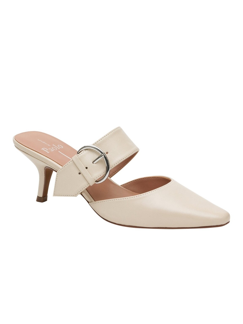 Paolo Pointed-Toe Cream Leather Mule with Buckle Strap